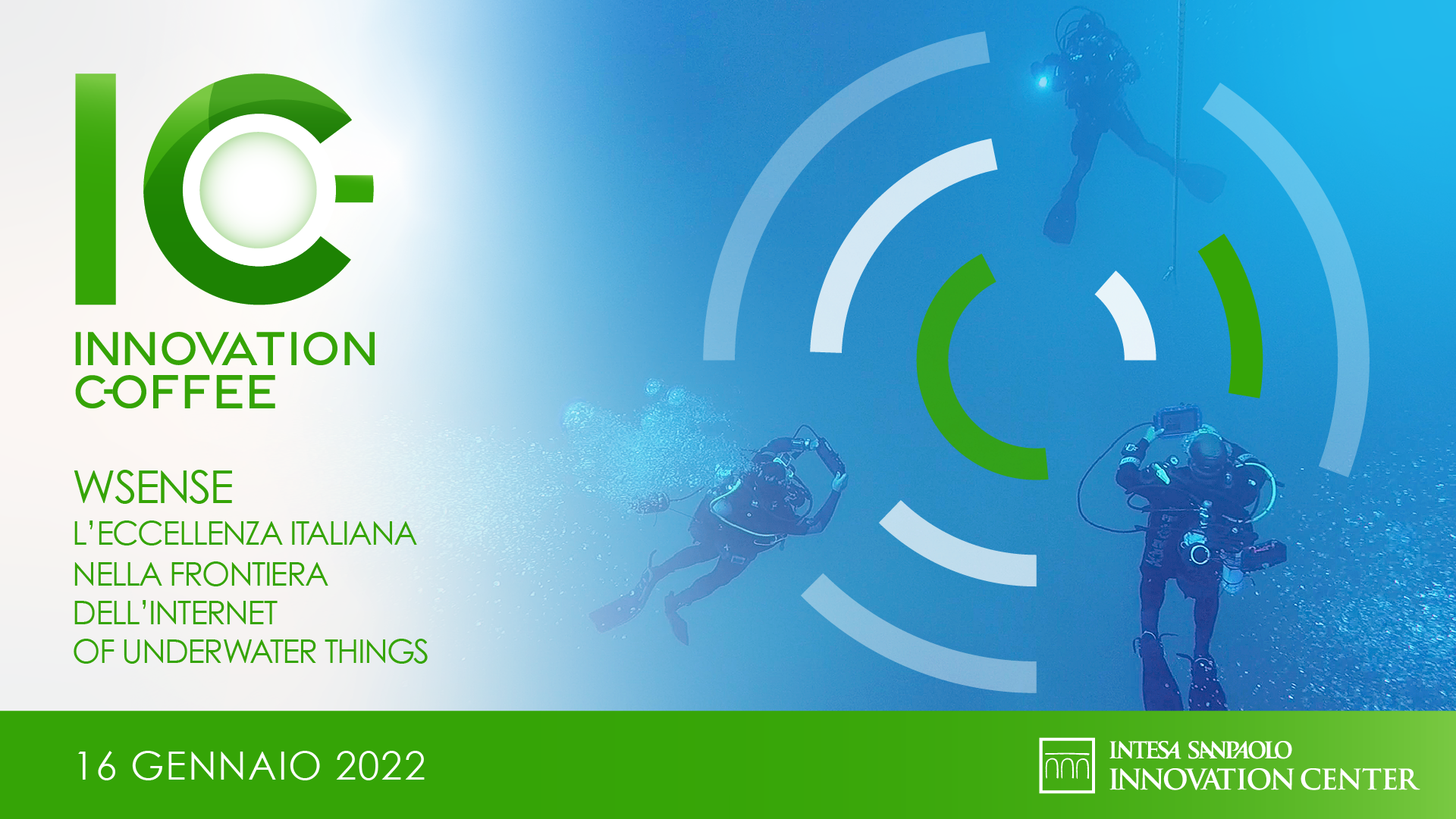 Locandina dell'innovation coffee di Intesa Sanpaolo Innovation Center dedicato all'Internet of Underwater Things (IoUT) con Wsense