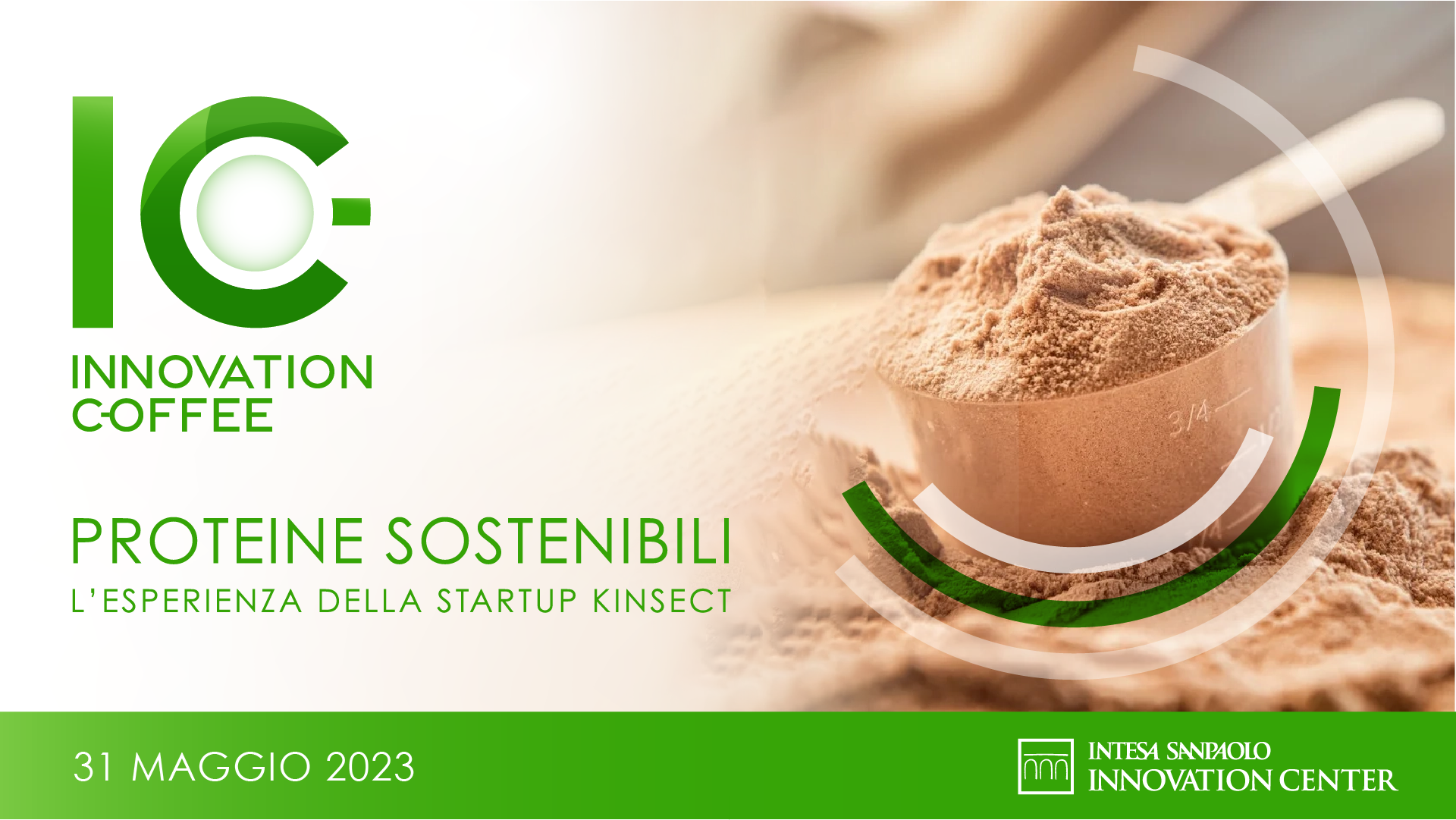 banner dell' Innovation Coffee con immagine di proteine in un misurino