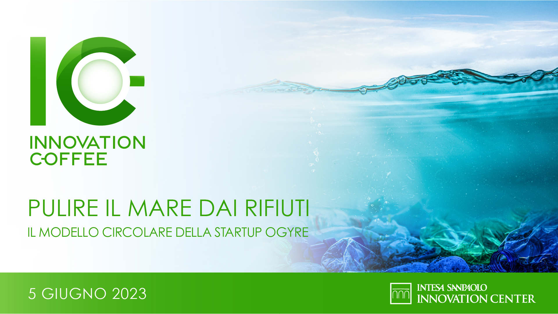 banner dell' Innovation Coffee con immagine di rifiuti e plastica in mare