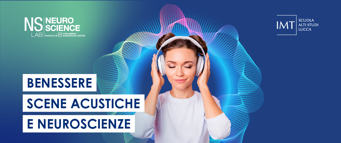 Bambina ascolta le cuffie su sfondo virtuale blu. Locandina del seminario di neuroscienze di intesa sanpaolo innovation center dedicato al tema del benessere acustico