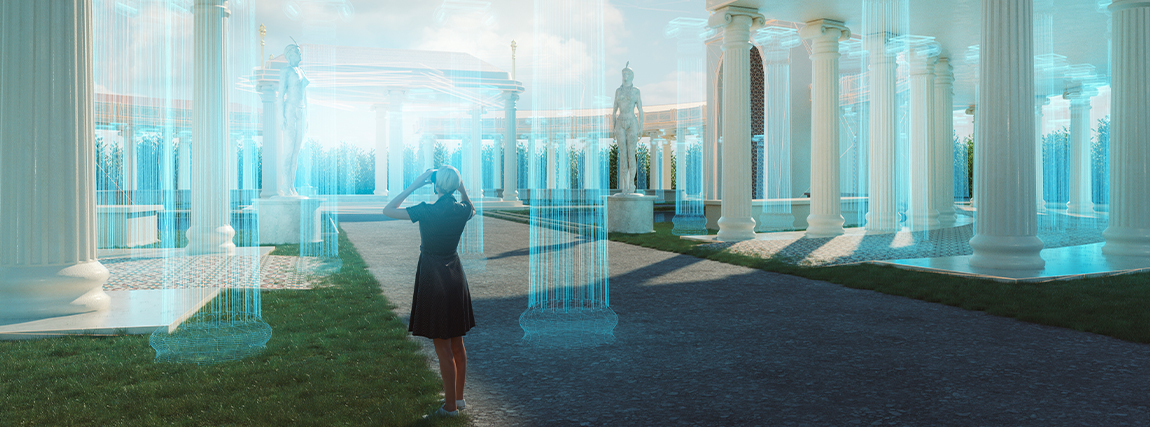 Donna che guarda delle colonne doriche attraverso un visore di realtà aumentata