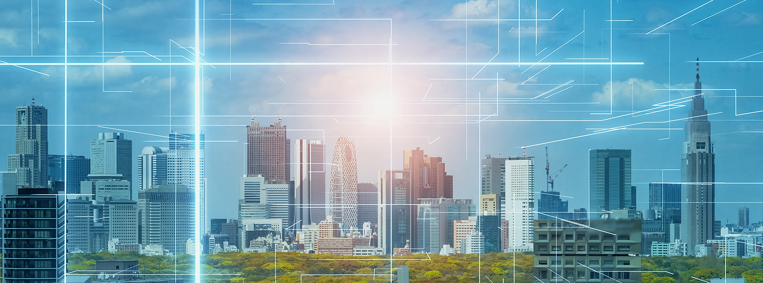 skyline di grattacieli connessi hitech