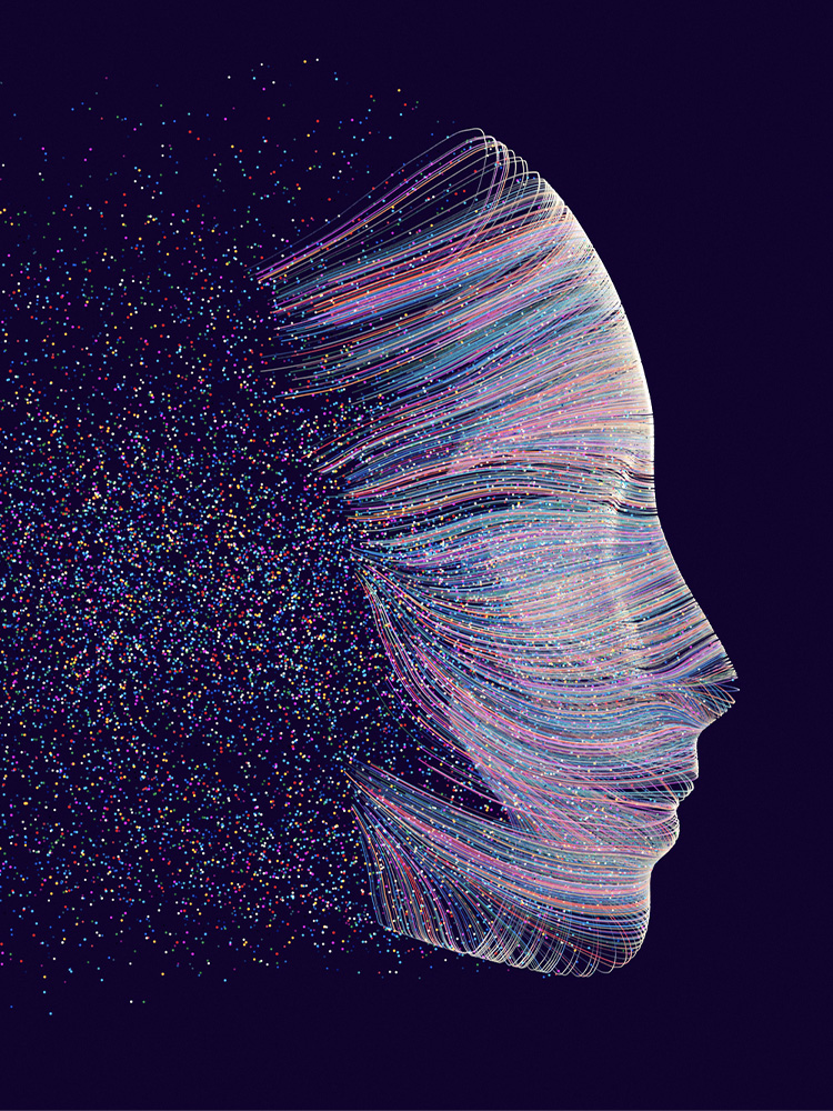 volto di flussi generato con ai dai colori viola