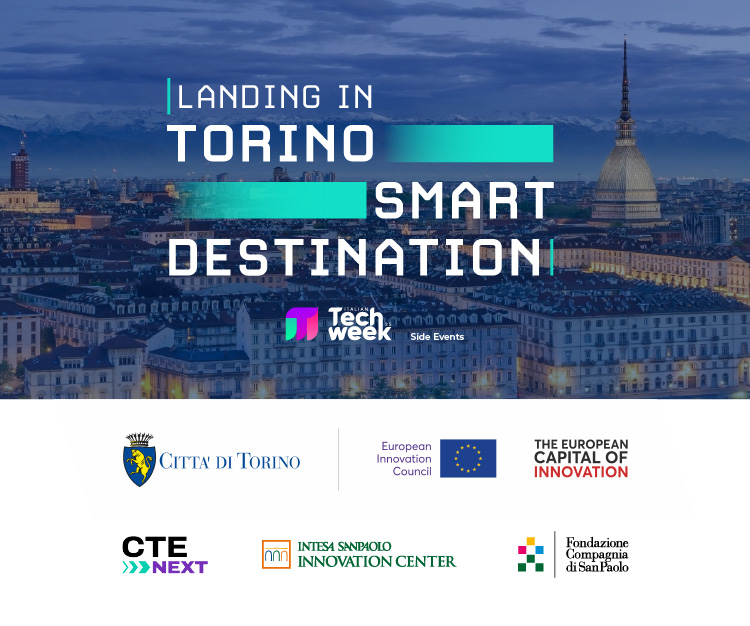 Foto di Torino, Scritta Landing in Torino Smart Destination, loghi Comune di Torino, European Innovation Council, Cte Next, Intesa Sanpaolo Innovation Center, Fondazione Compagnia di San Paolo