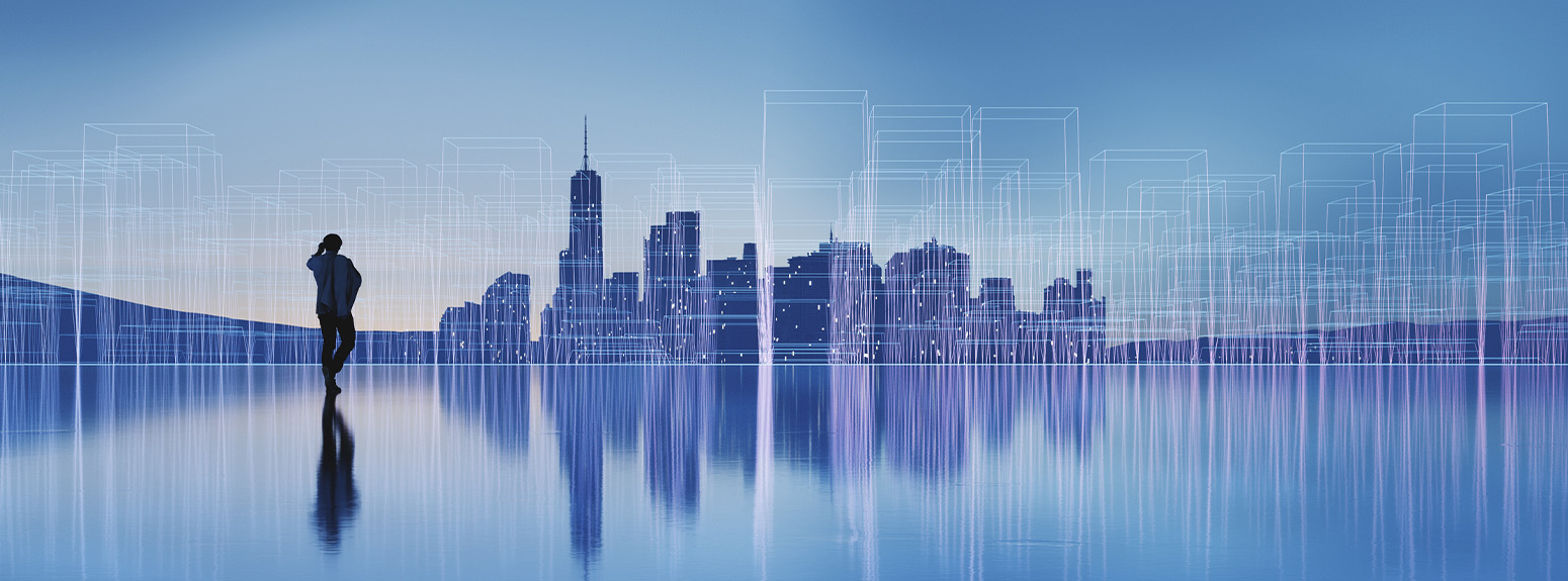 Uomo cammina verso uno skyline moderno con linee astratte che formano un paesaggio digitale