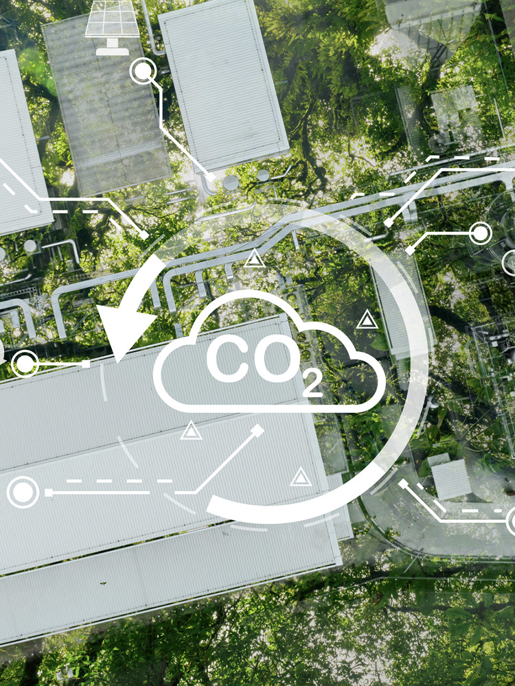 Edifici e vegetazione dall'alto e scritta CO2