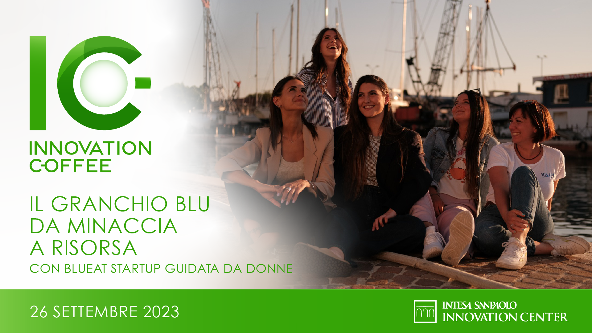 Immagine di una locandina che mostra la foto del team di Blueat composto da donne insieme alle informazioni su data e orario dell'Innovation Coffee