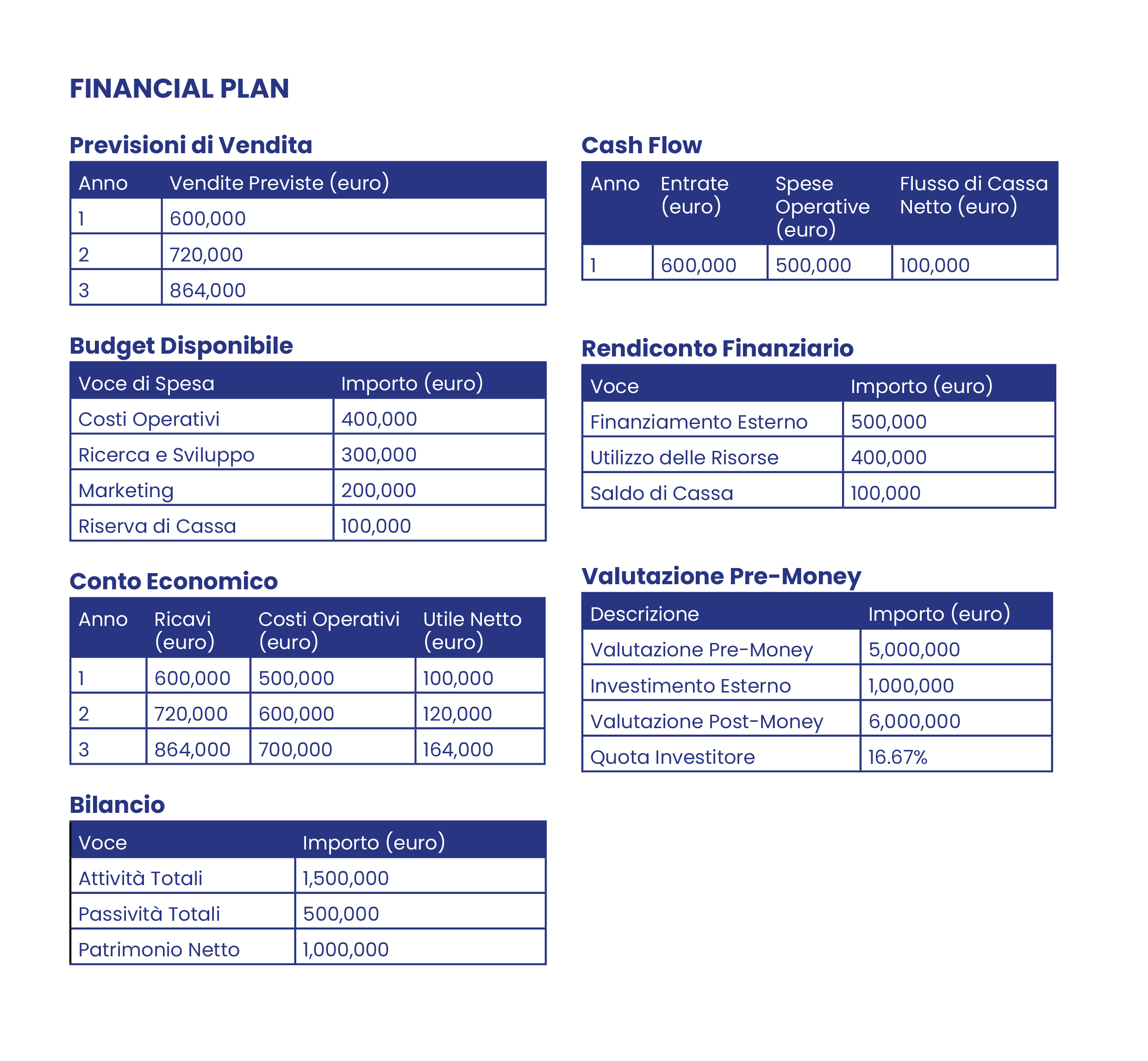 Esempio di compliazione del Financial Plan
